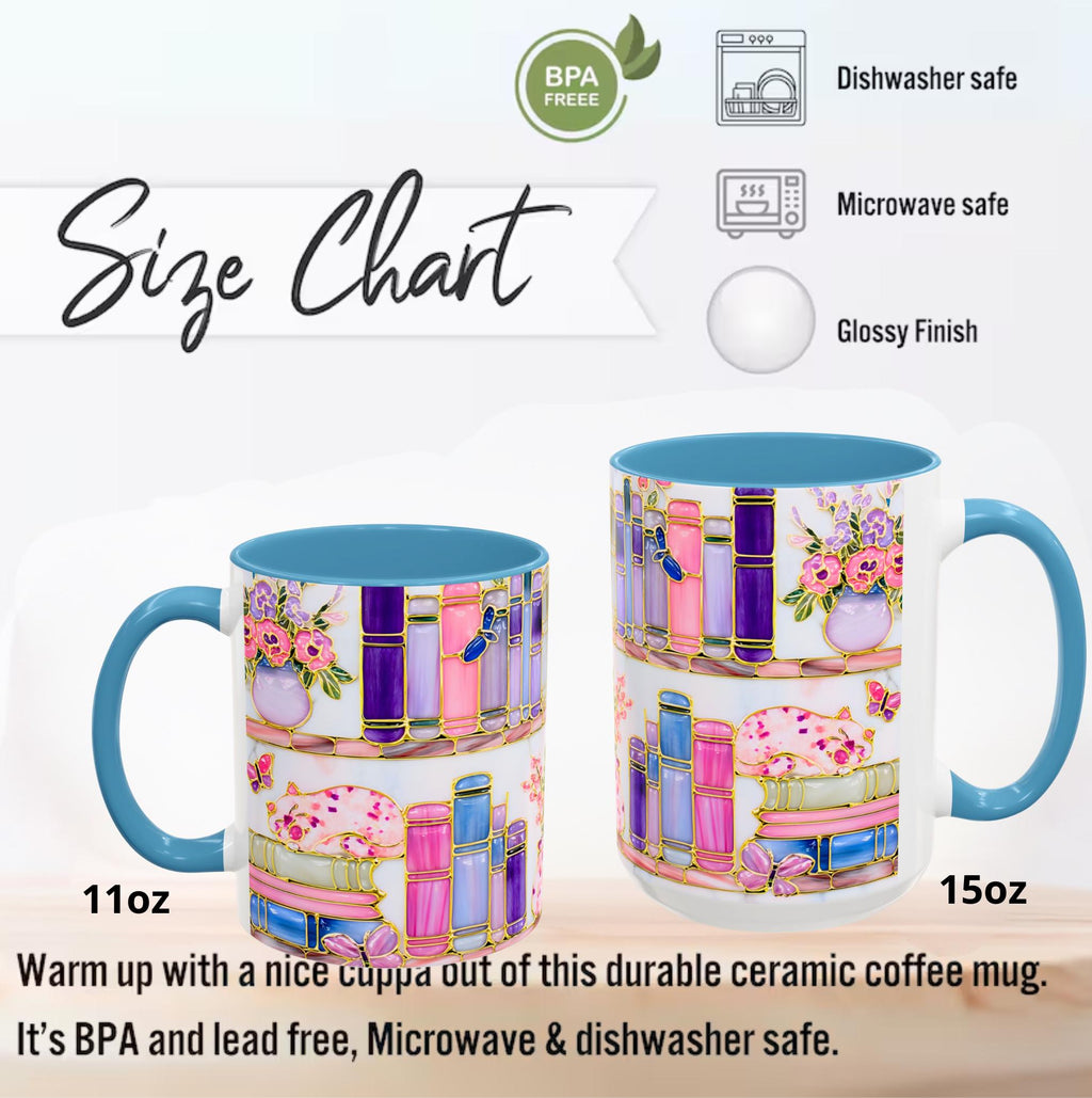 Floral Bookshelf Cat Mug, Stained Glass Effect Coffee Cup, Book Lover Gift