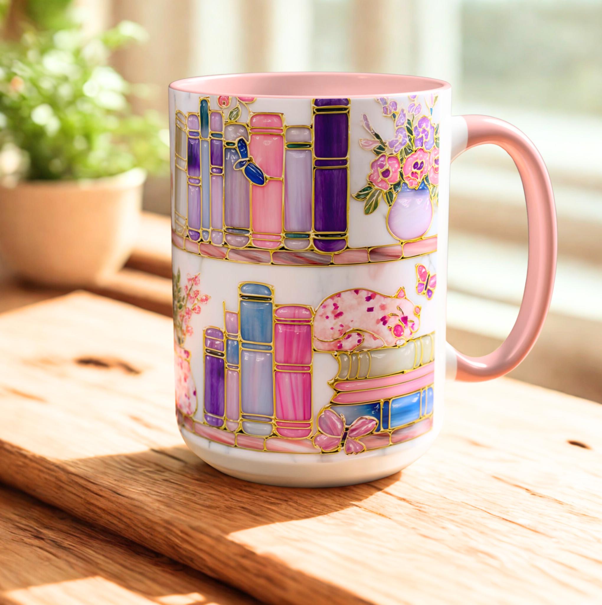 Floral Bookshelf Cat Mug, Stained Glass Effect Coffee Cup, Book Lover Gift