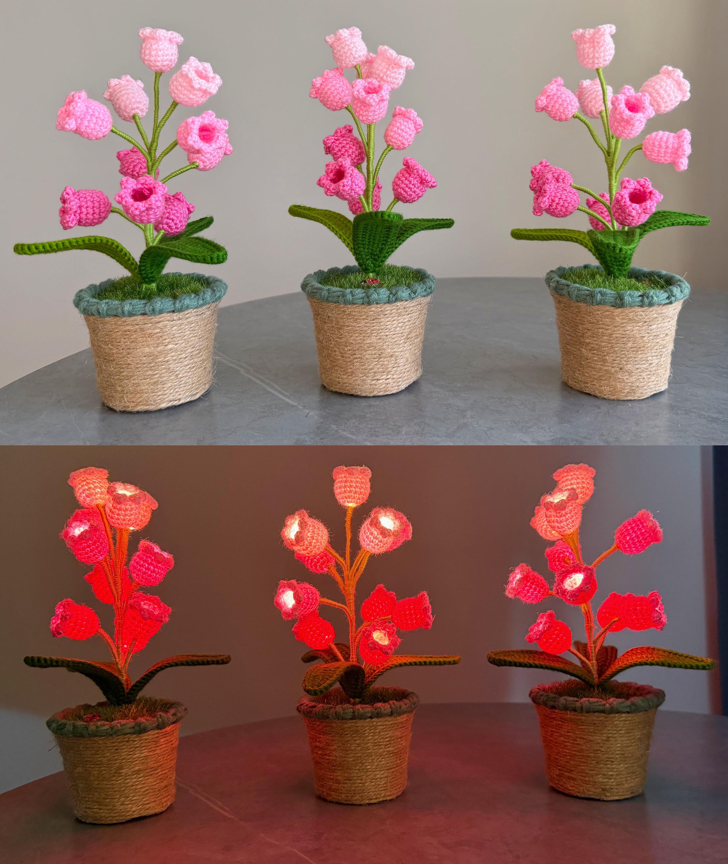 CrochetRecipe Handmade Lily of the Valley Potted Plant LED Lamp 8in White