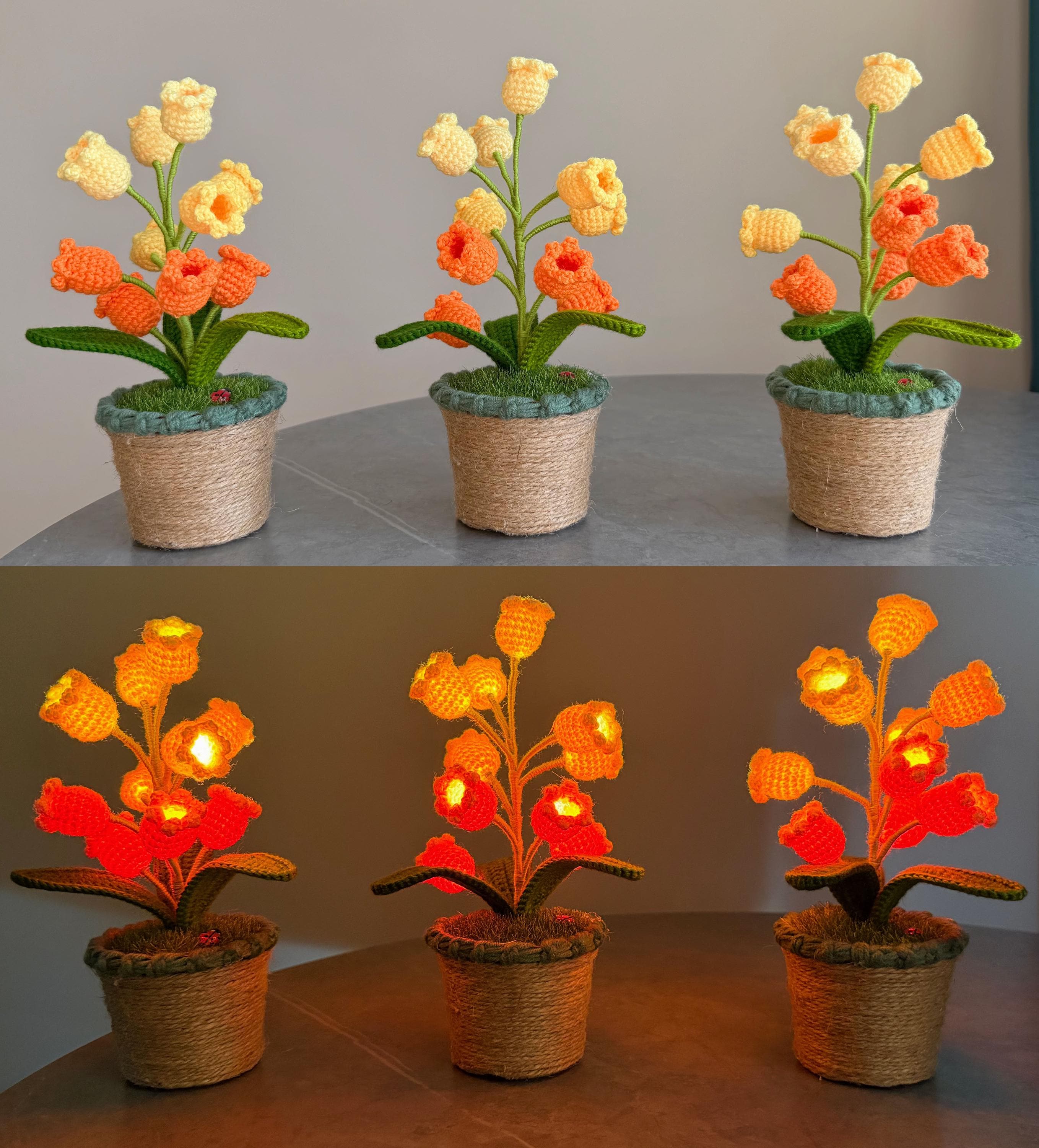 CrochetRecipe Handmade Lily of the Valley Potted Plant LED Lamp 8in White