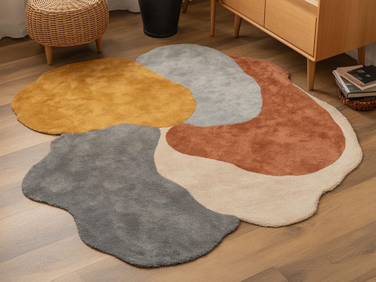 Hand-Tufted Abstract Organic Blob Rug Mustard Rust Grey