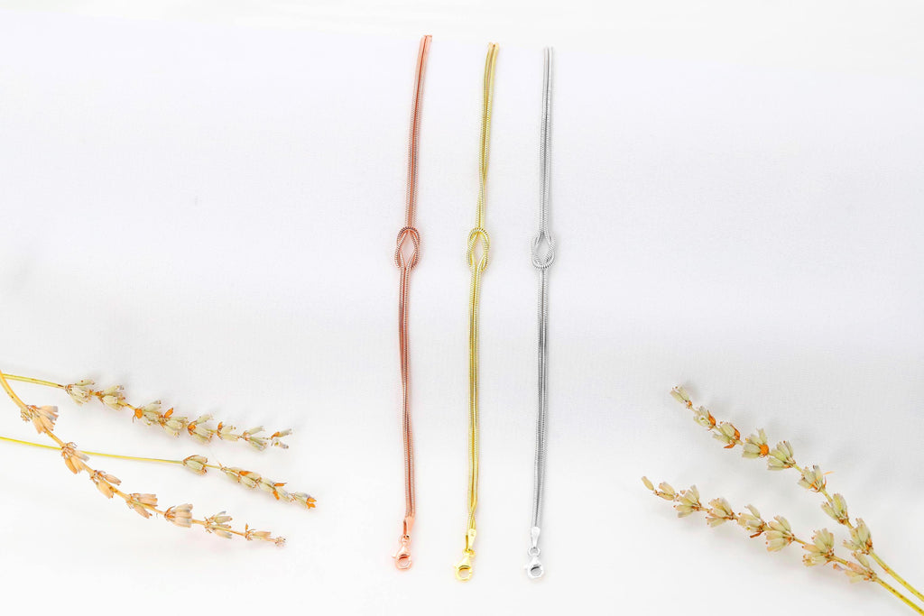 SilverGoldandRose 14K Gold Love Knot Bracelet Dainty Snake Chain