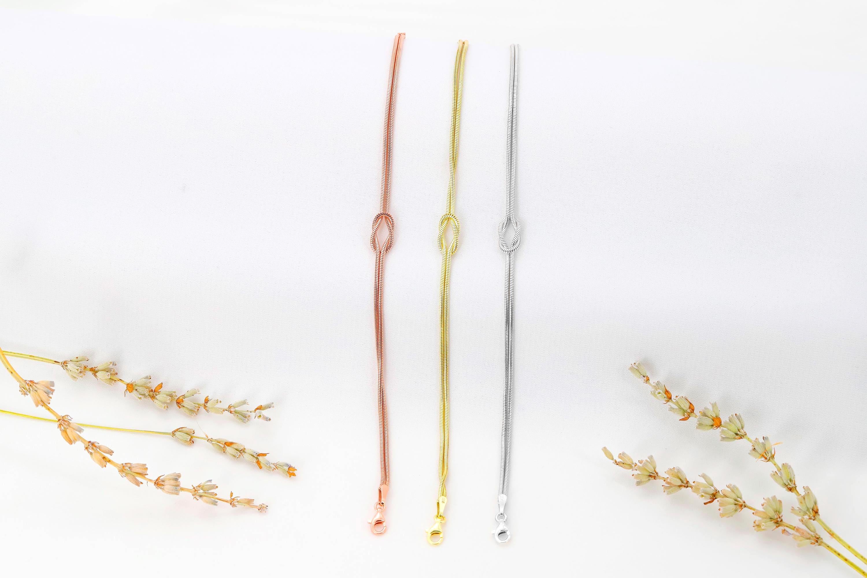 SilverGoldandRose 14K Gold Love Knot Bracelet Dainty Snake Chain