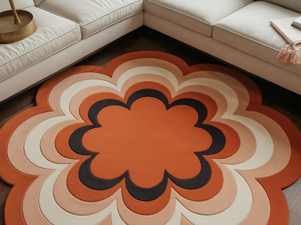 RugverseCreations Retro 70s Hand-Tufted Wool Rug Scalloped Flower Orange Gradient