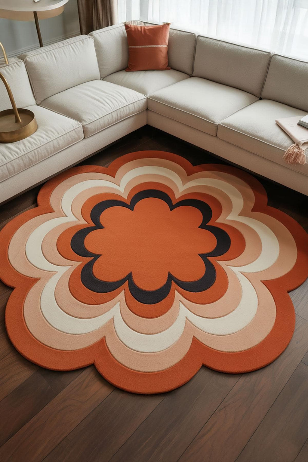 RugverseCreations Retro 70s Hand-Tufted Wool Rug Scalloped Flower Orange Gradient