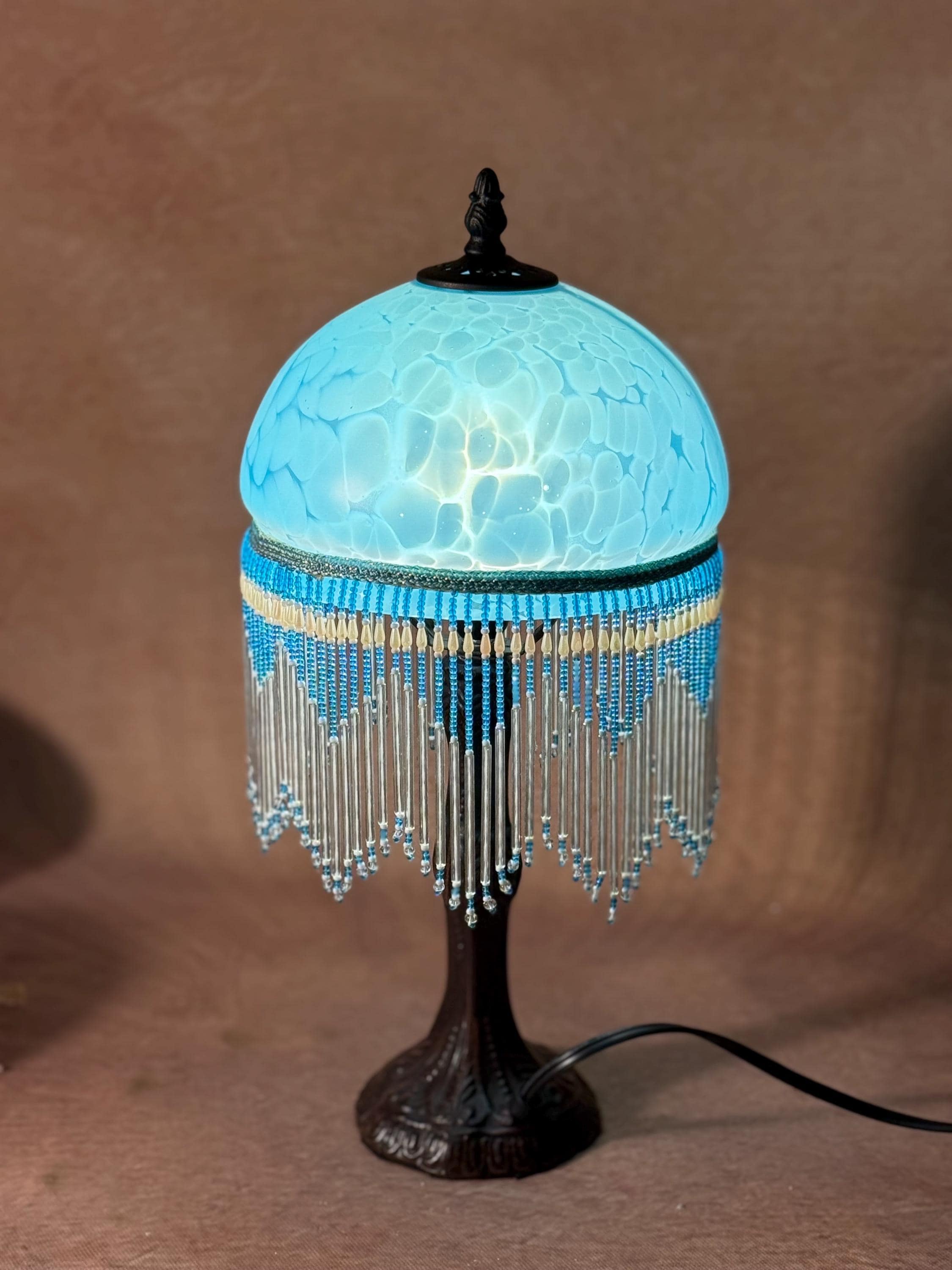 U2Antique Vintage Stained Glass Table Lamp with Beaded Fringe