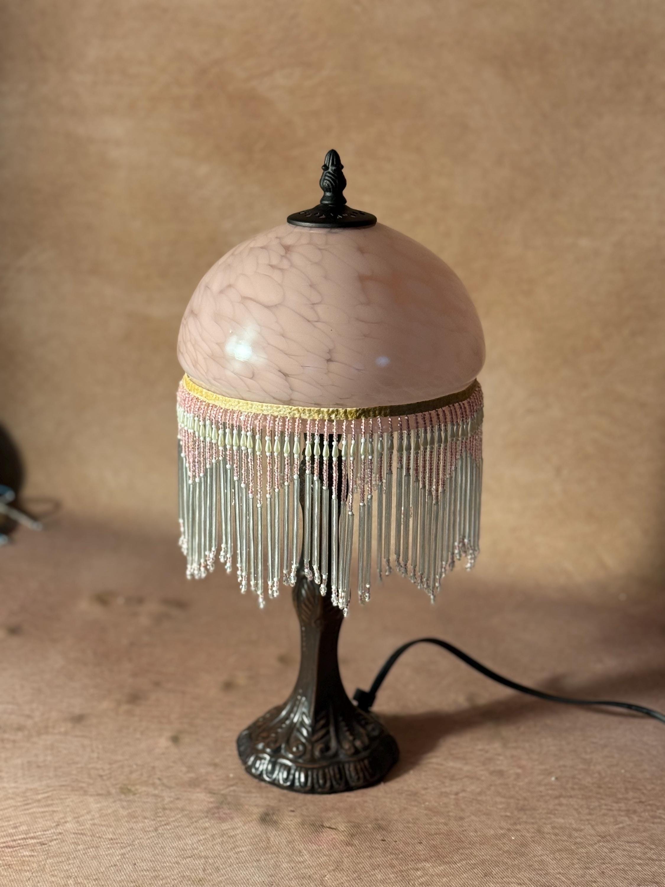 U2Antique Vintage Stained Glass Table Lamp with Beaded Fringe
