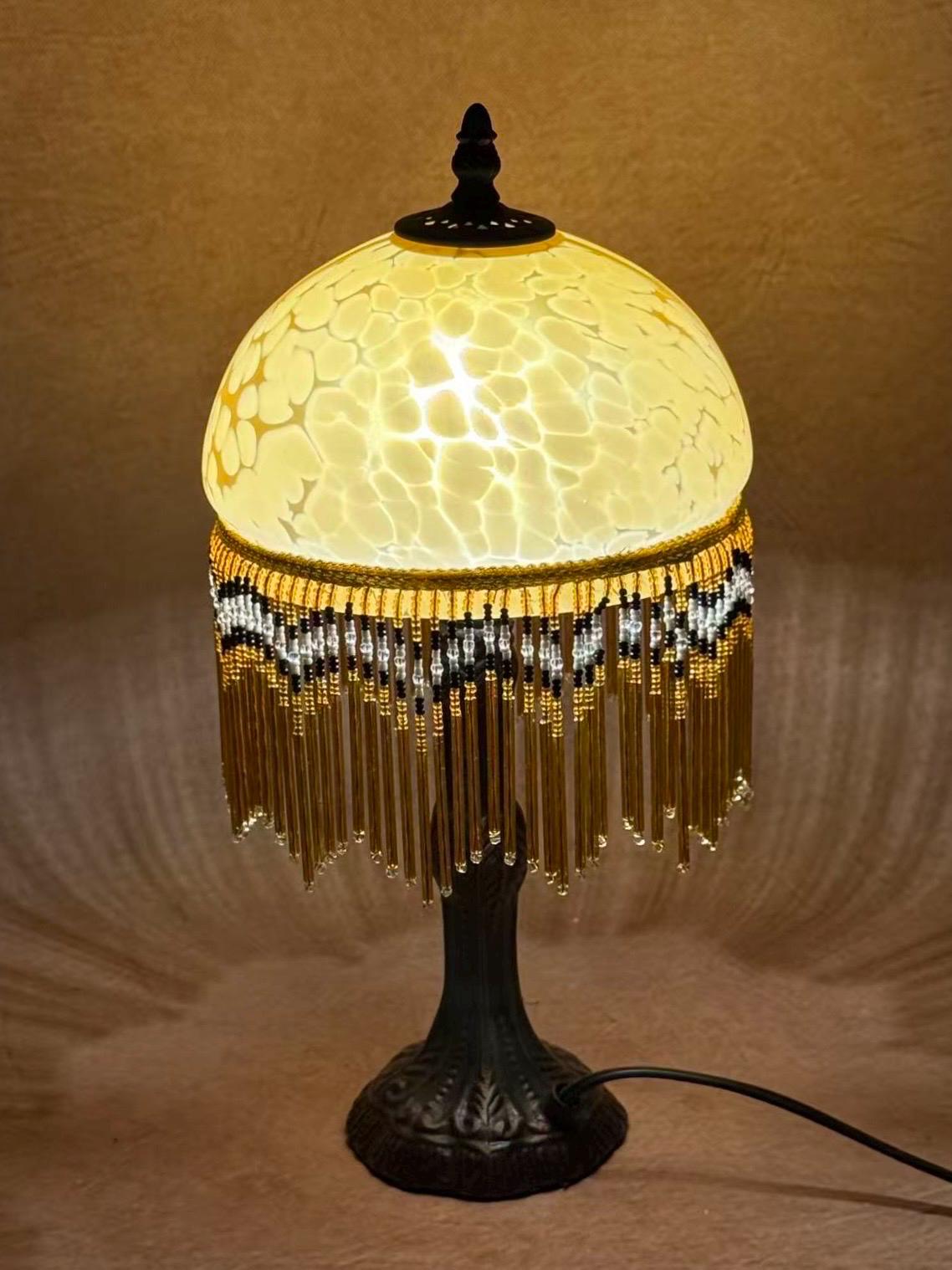 U2Antique Vintage Stained Glass Table Lamp with Beaded Fringe
