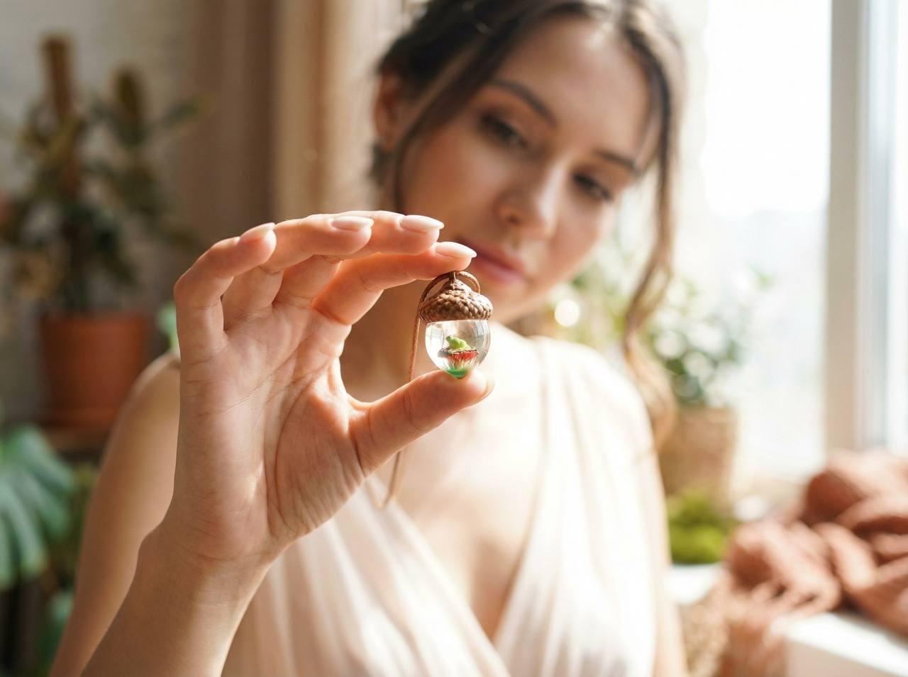 TinyNatureWorks Acorn Pendant Necklace With Mushroom Frog Resin Jewelry