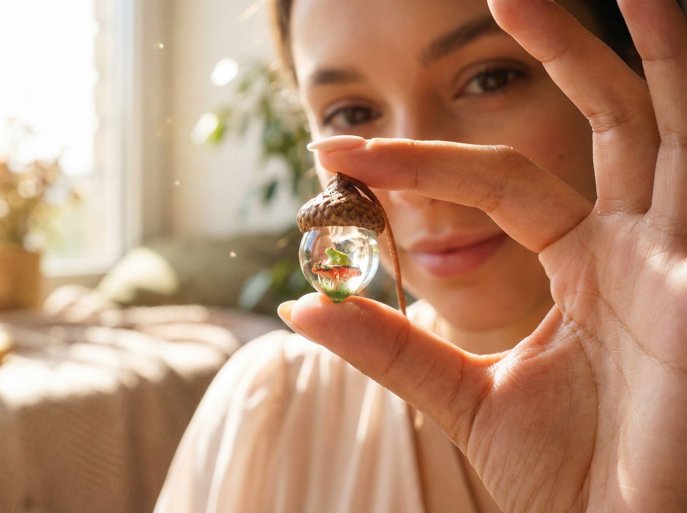 TinyNatureWorks Acorn Pendant Necklace With Mushroom Frog Resin Jewelry