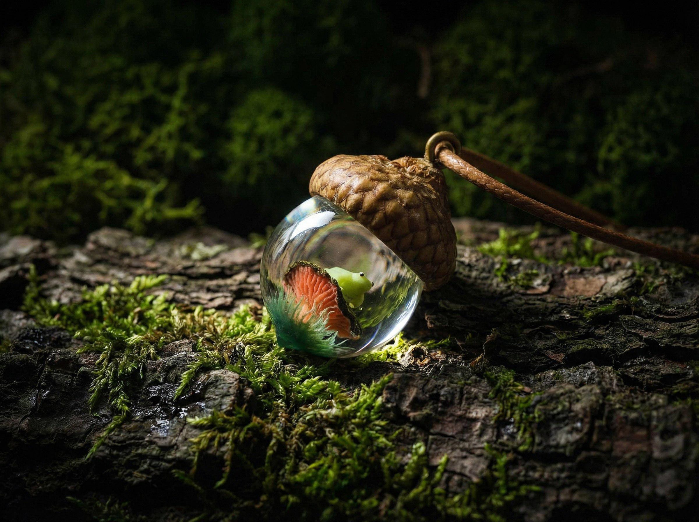TinyNatureWorks Acorn Pendant Necklace With Mushroom Frog Resin Jewelry