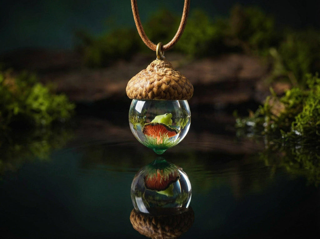 TinyNatureWorks Acorn Pendant Necklace With Mushroom Frog Resin Jewelry