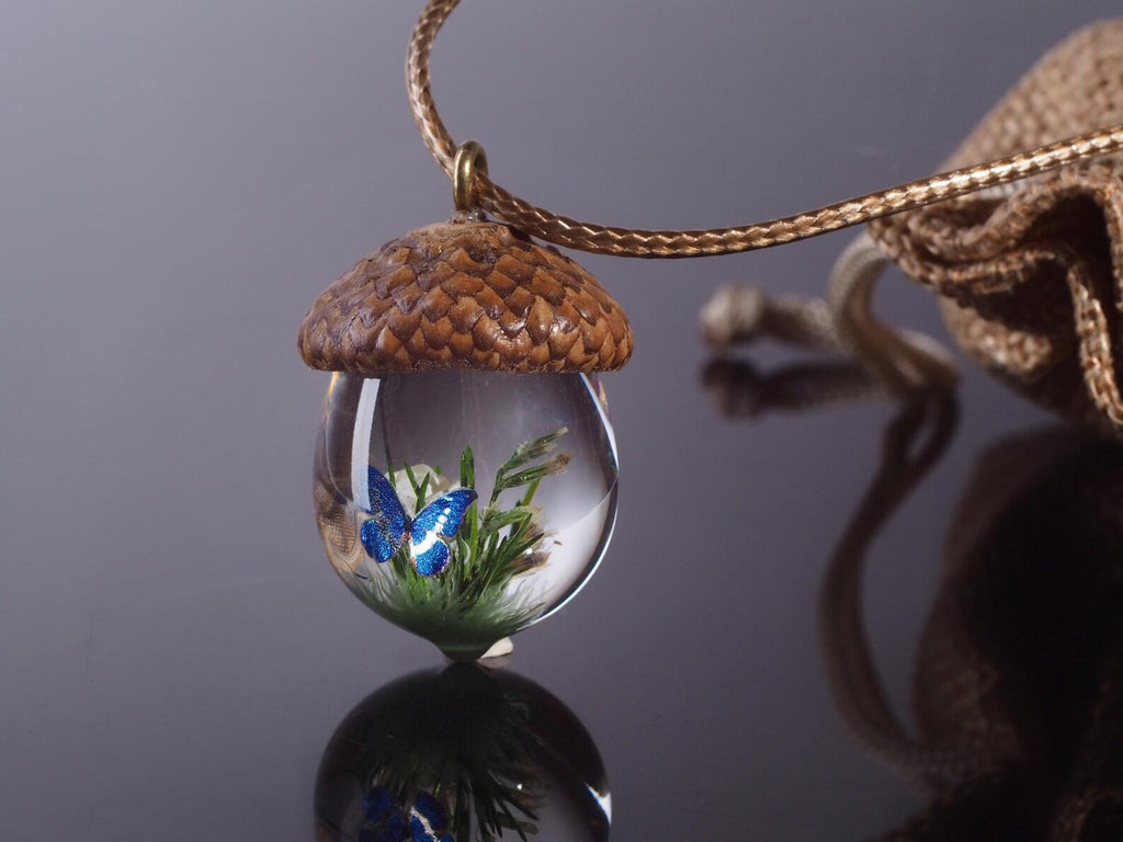 TinyNatureWorks Resin Acorn Necklace With Hand-Painted Blue Butterfly