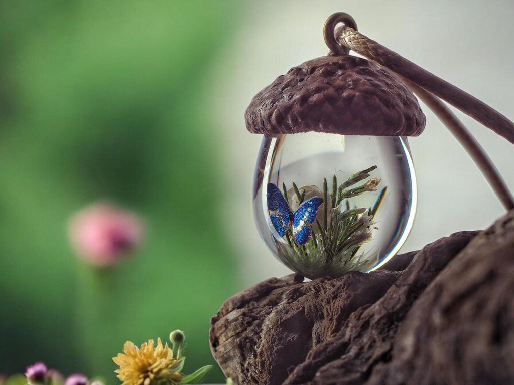 TinyNatureWorks Resin Acorn Necklace With Hand-Painted Blue Butterfly