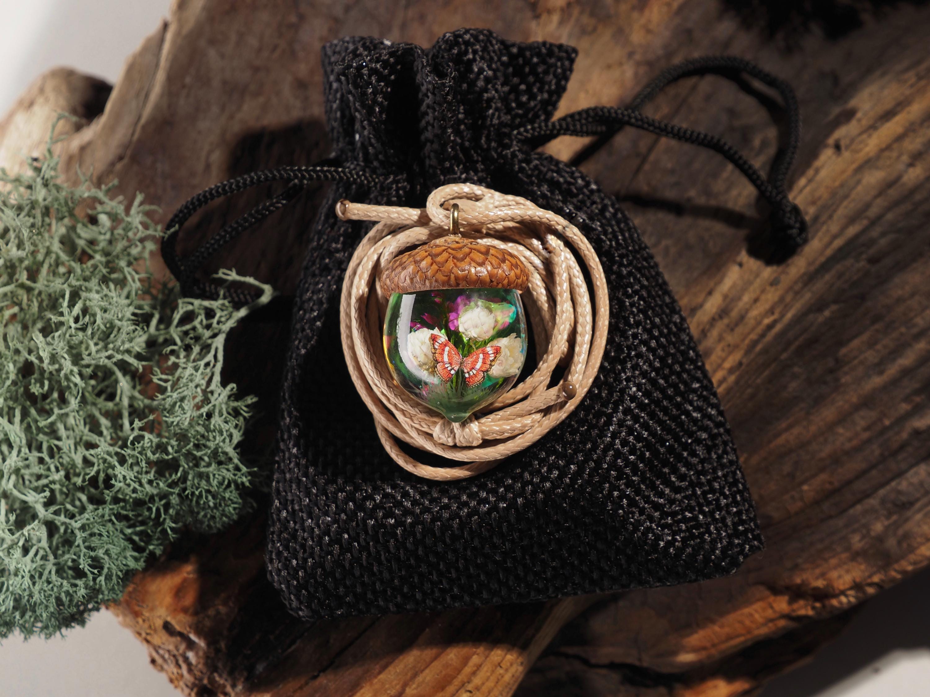 TinyNatureWorks Resin Acorn Pendant Necklace With Dried Flowers and Red Butterfly