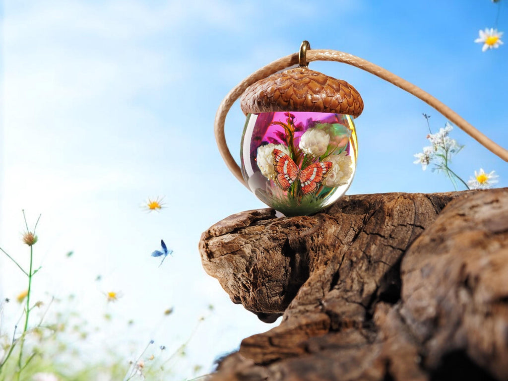 TinyNatureWorks Resin Acorn Pendant Necklace With Dried Flowers and Red Butterfly