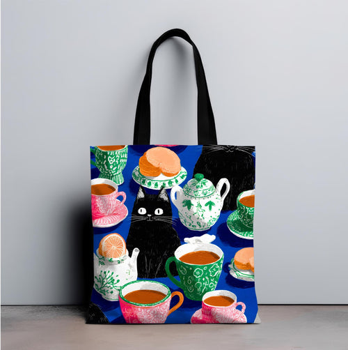 Cat & Tea Party Tote Bag, Colorful Whimsical Illustration