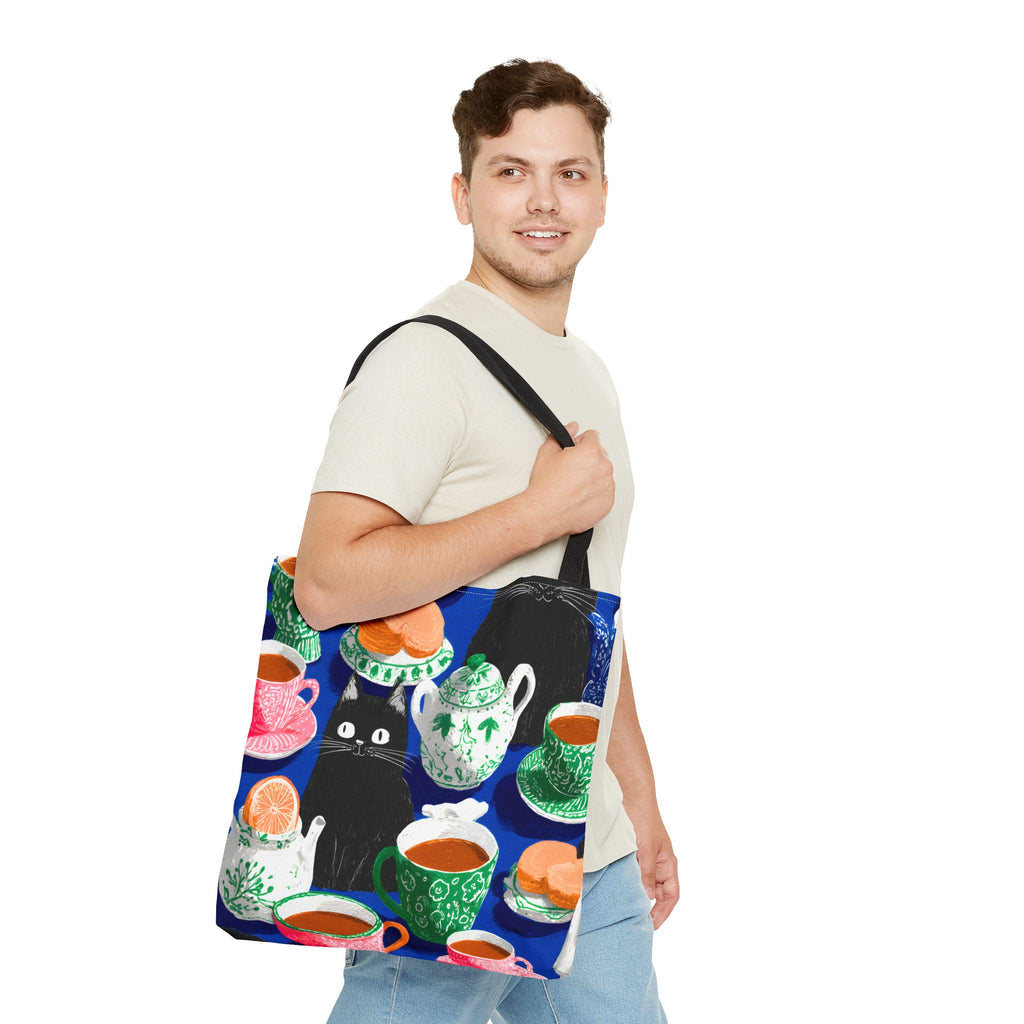 Cat & Tea Party Tote Bag, Colorful Whimsical Illustration