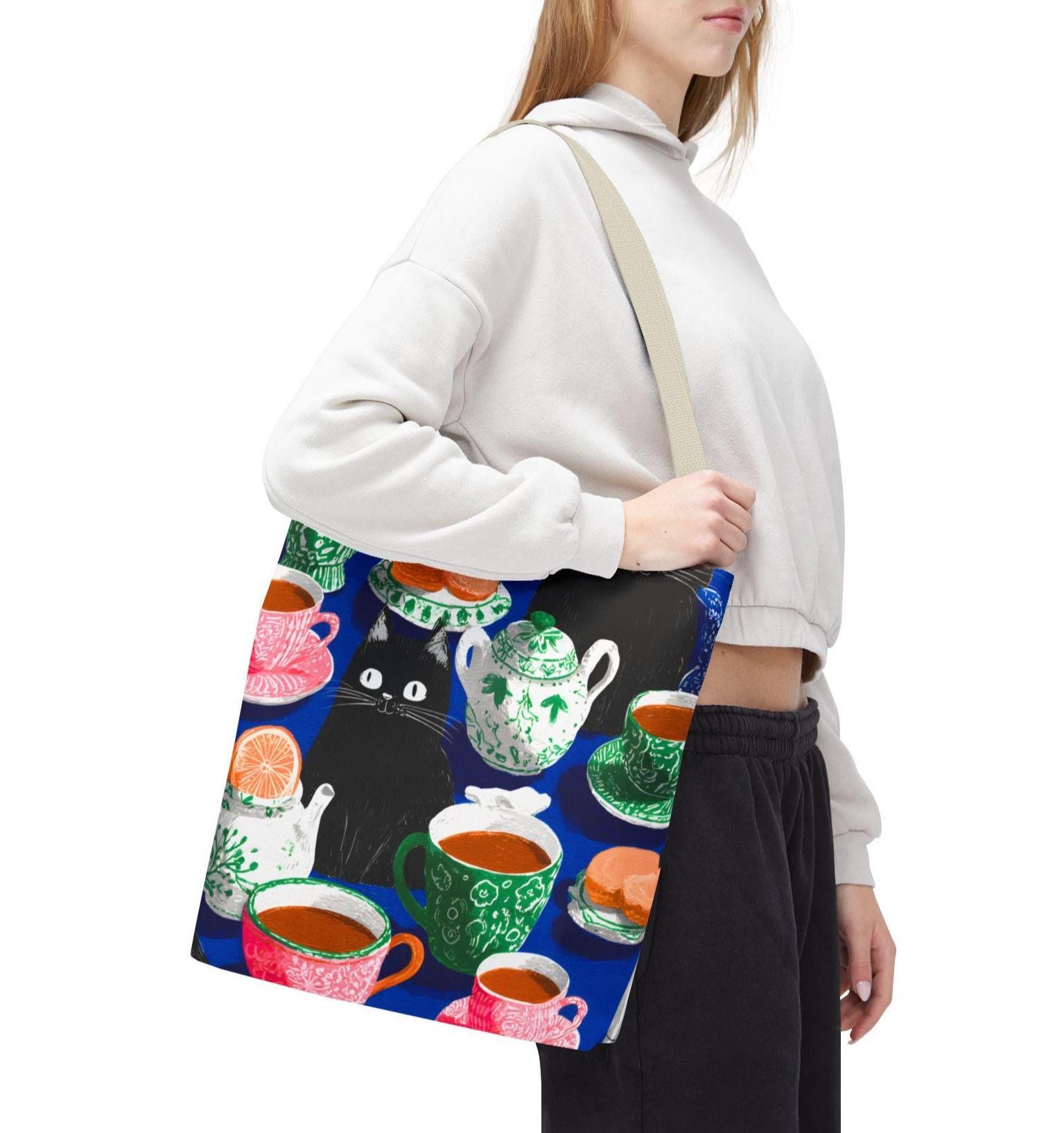 Cat & Tea Party Tote Bag, Colorful Whimsical Illustration