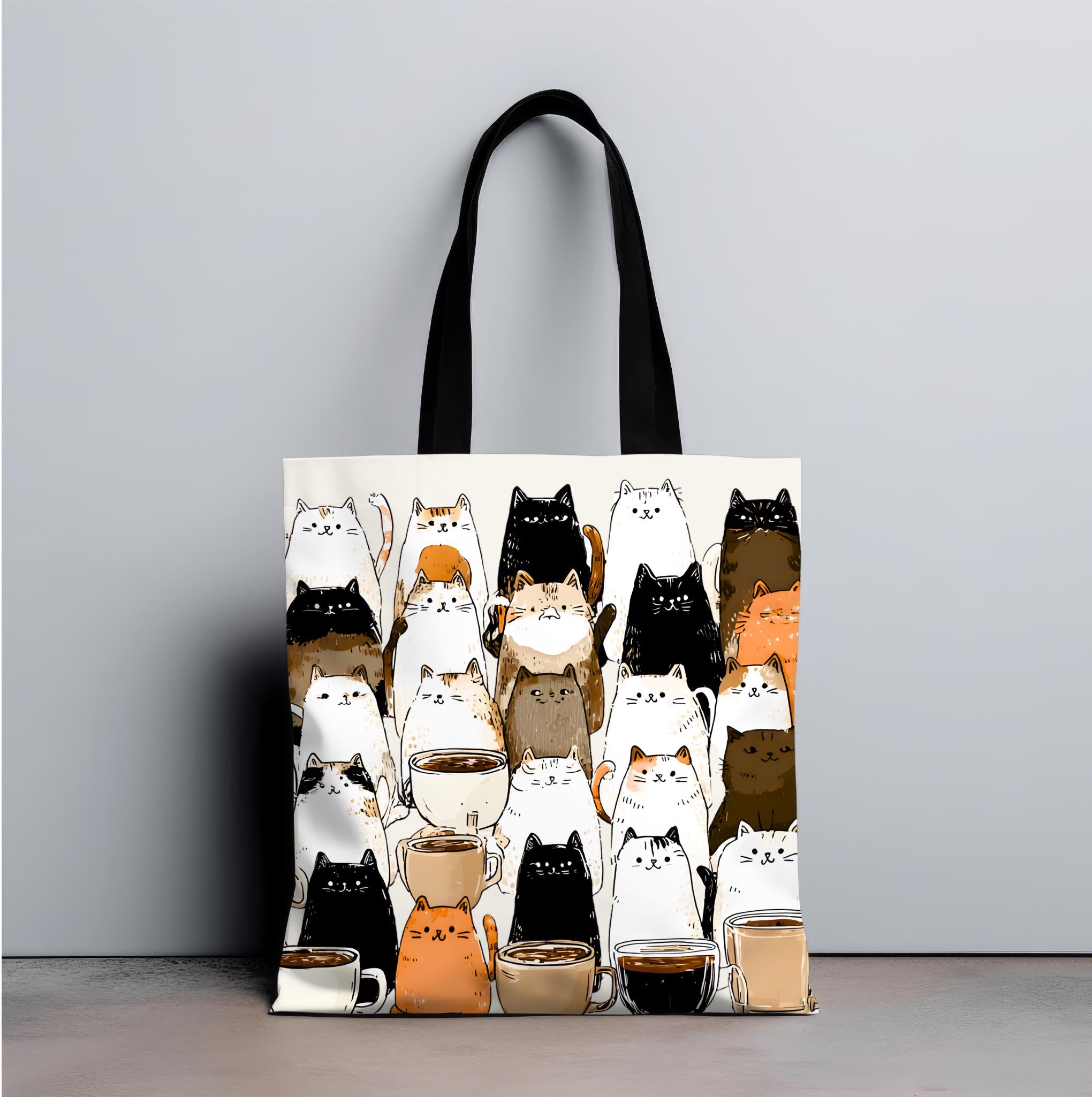Whimsical Coffee Mug Tote Bag Brown Shopping for Cat Lovers