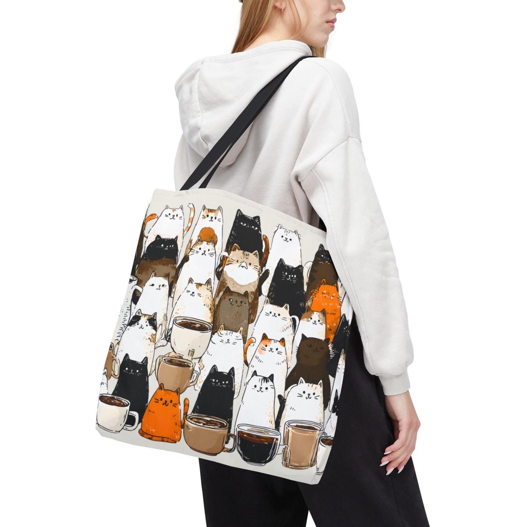 Whimsical Coffee Mug Tote Bag Brown Shopping for Cat Lovers