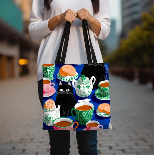 Cat & Tea Party Tote Bag, Colorful Whimsical Illustration