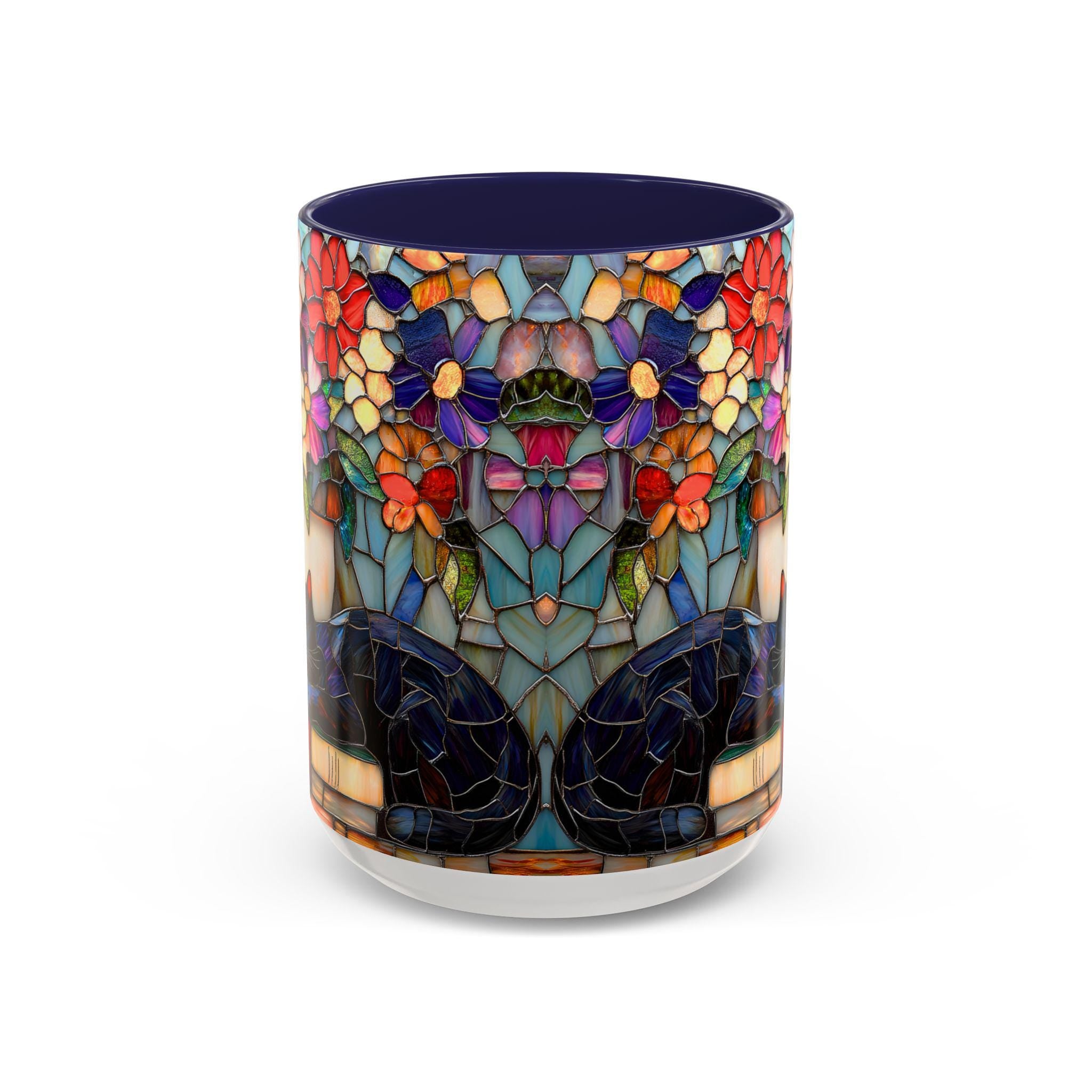 LELORESTORE Stained Glass Style Cat Mug Black Cat Floral Bookshelf Coffee Mug