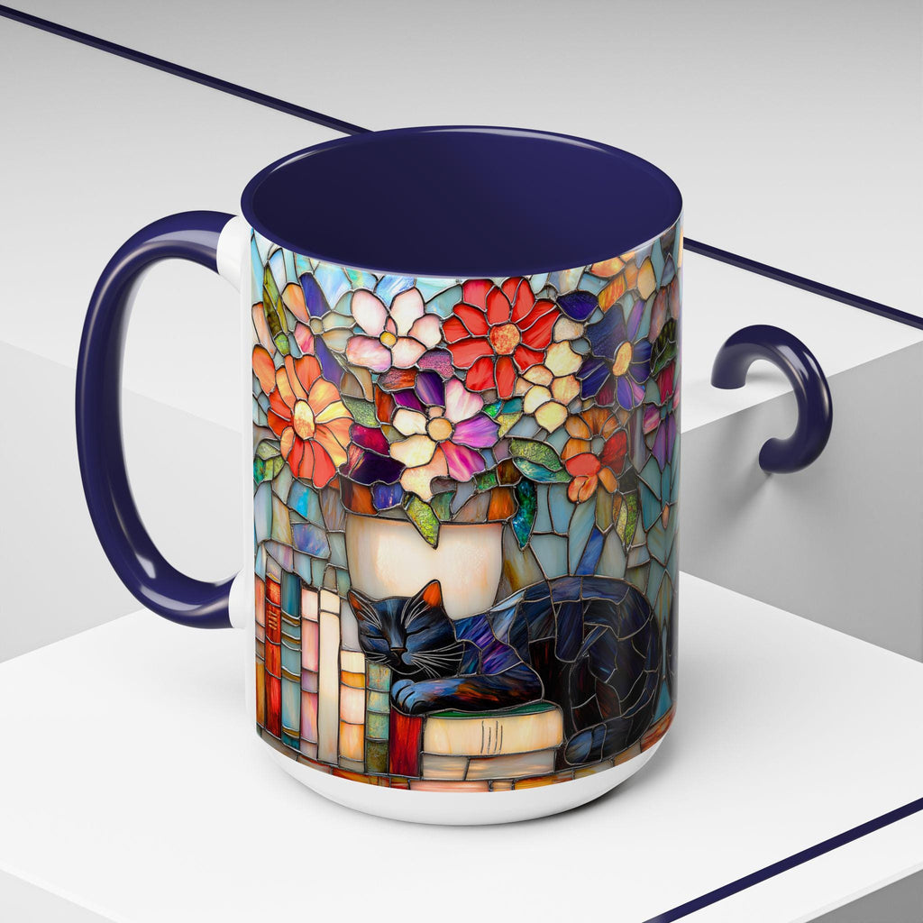LELORESTORE Stained Glass Style Cat Mug Black Cat Floral Bookshelf Coffee Mug