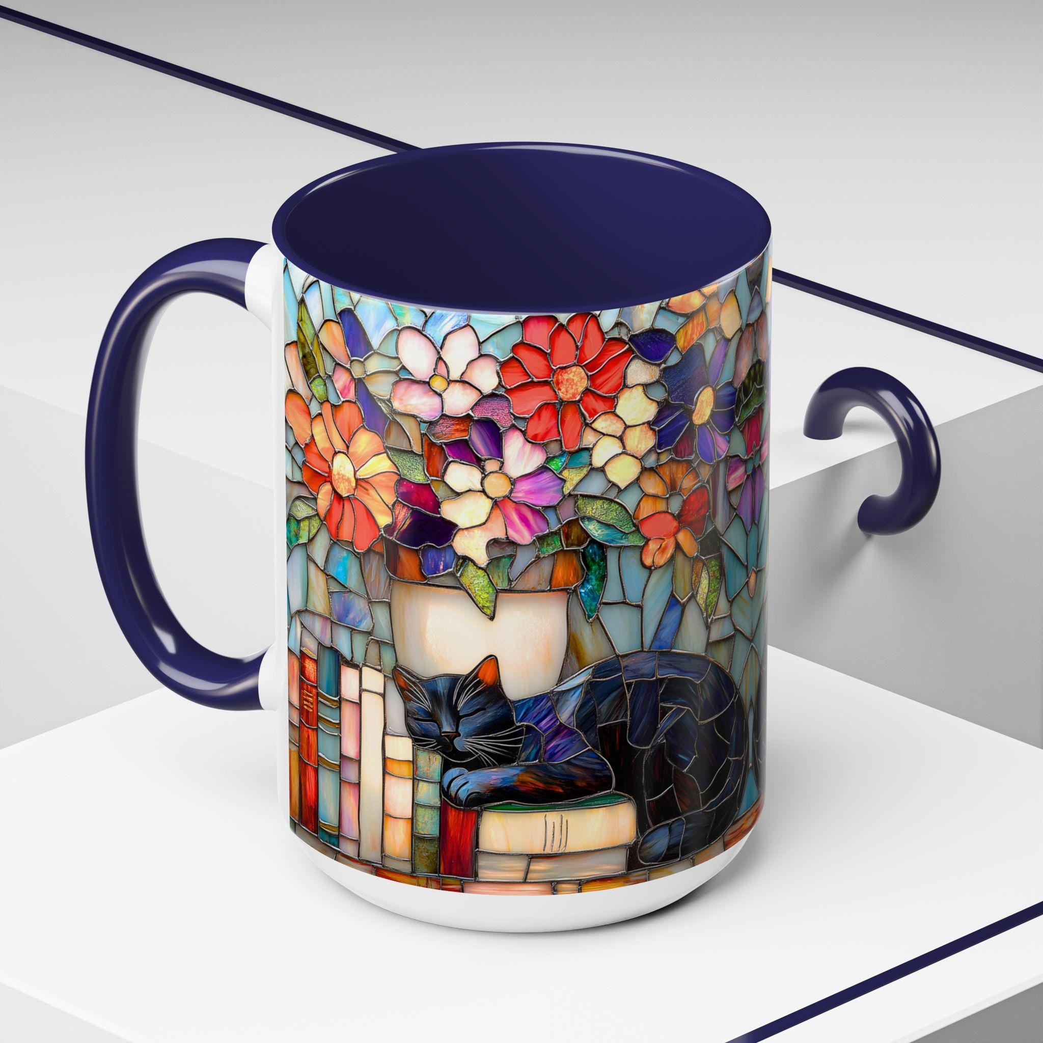 LELORESTORE Stained Glass Style Cat Mug Black Cat Floral Bookshelf Coffee Mug