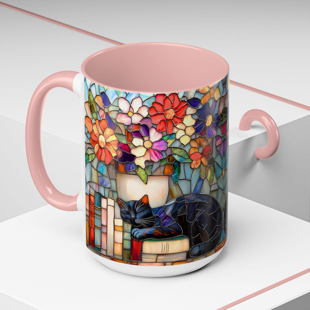 LELORESTORE Stained Glass Style Cat Mug Black Cat Floral Bookshelf Coffee Mug