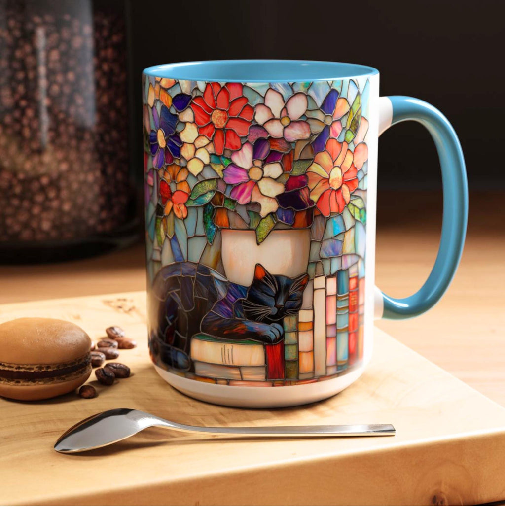 LELORESTORE Black Cat Stained Glass Style Mug Floral Bookshelf Coffee Cup 15oz