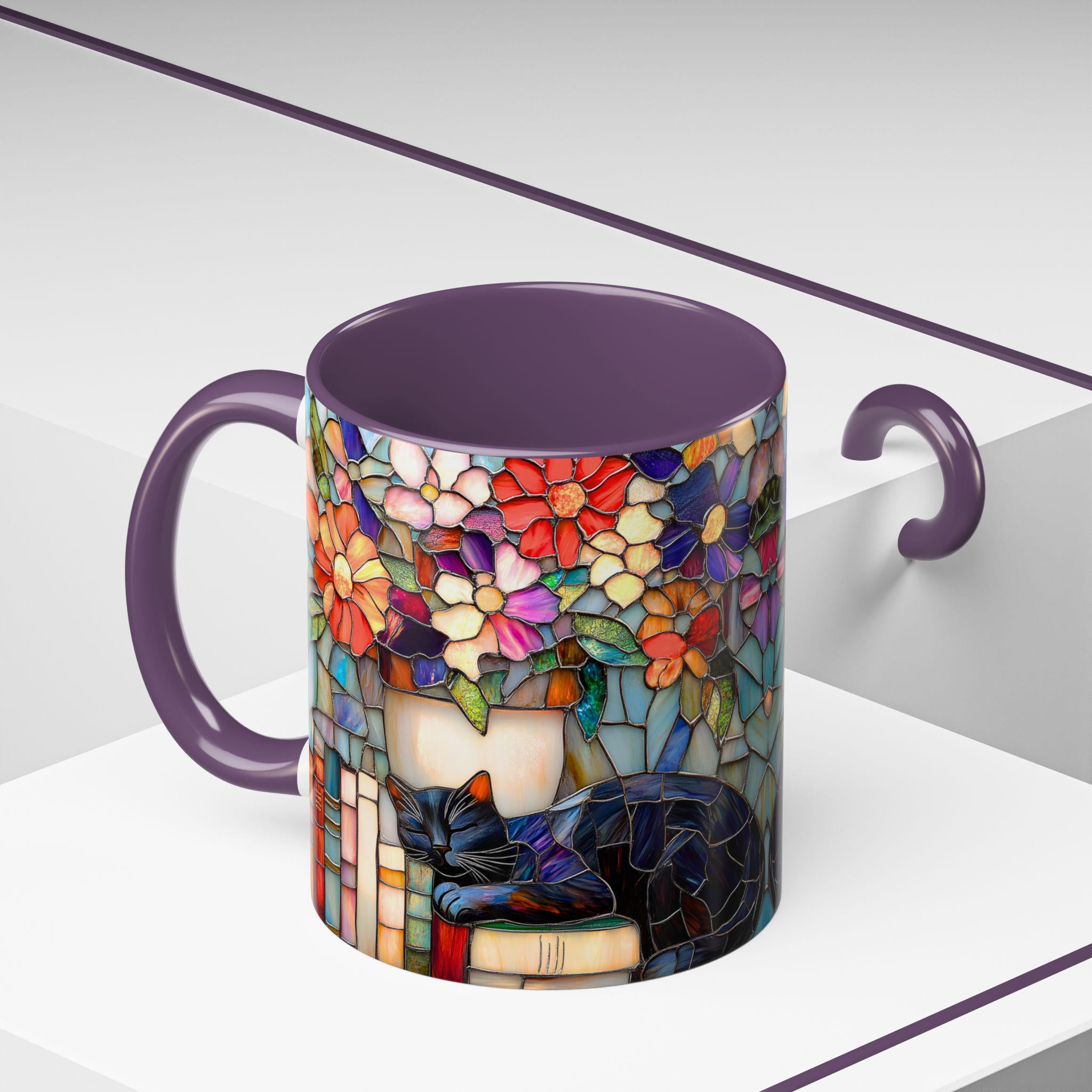 LELORESTORE Black Cat Stained Glass Style Mug Floral Bookshelf Coffee Cup 15oz