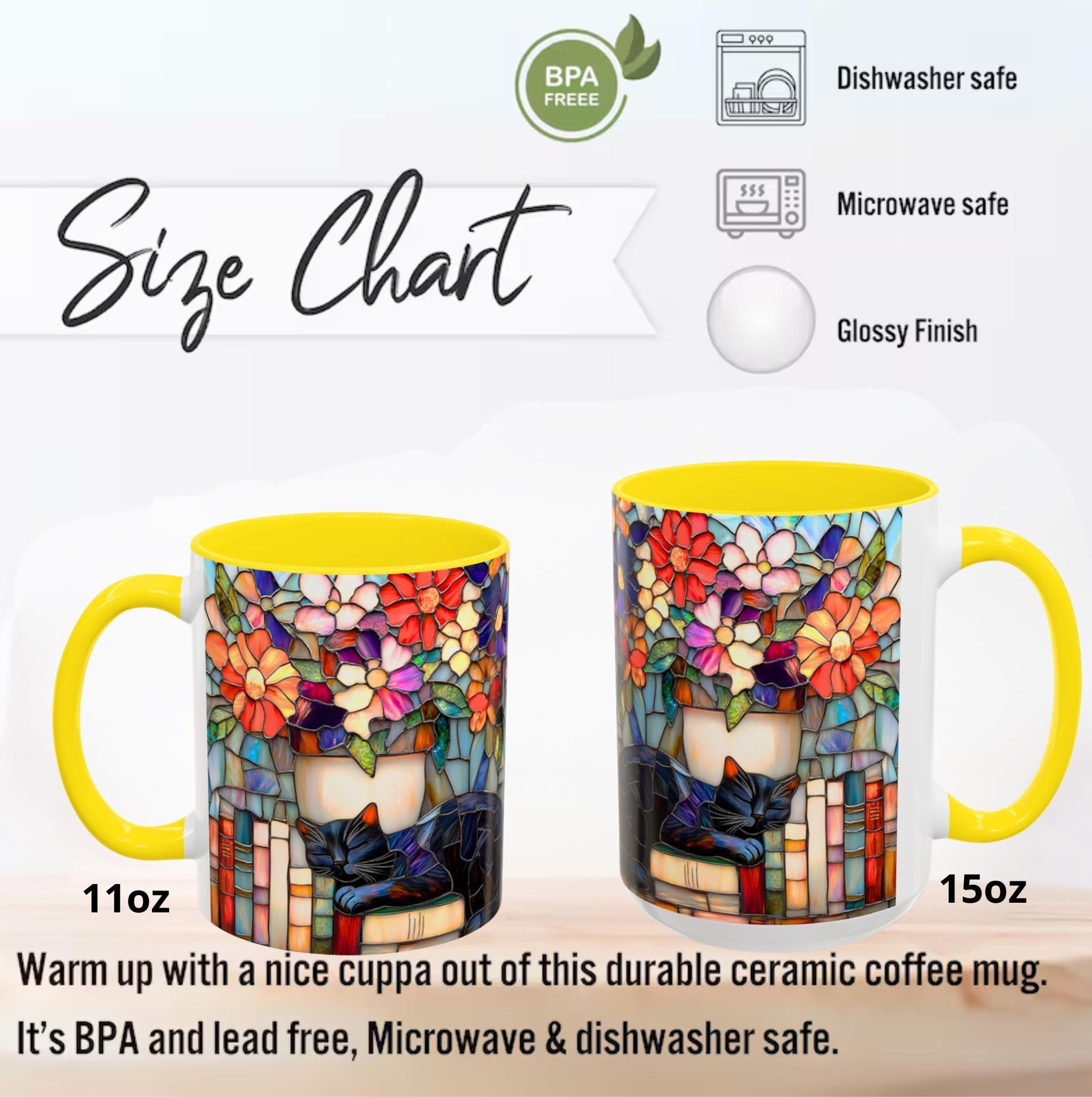 LELORESTORE Black Cat Stained Glass Style Mug Floral Bookshelf Coffee Cup 15oz