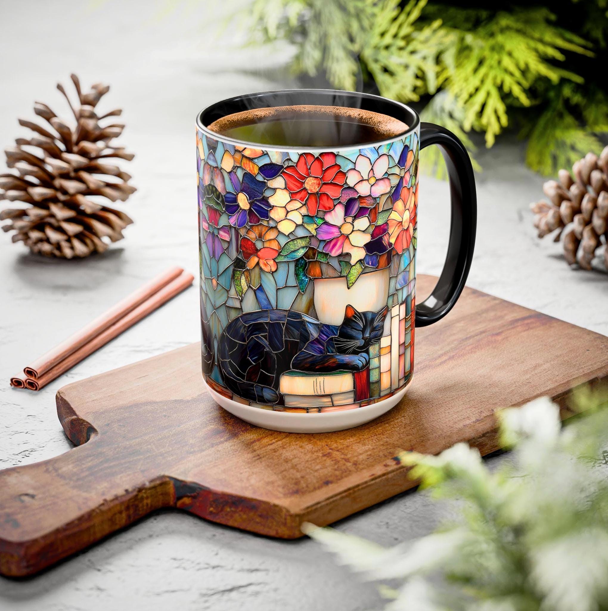 LELORESTORE Black Cat Stained Glass Style Mug Floral Bookshelf Coffee Cup 15oz