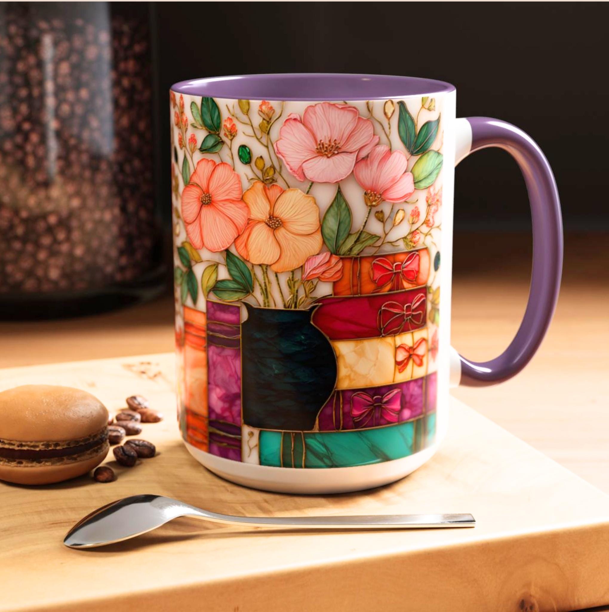 LELORESTORE Stained Glass Style Floral Bookshelf Mug 15oz