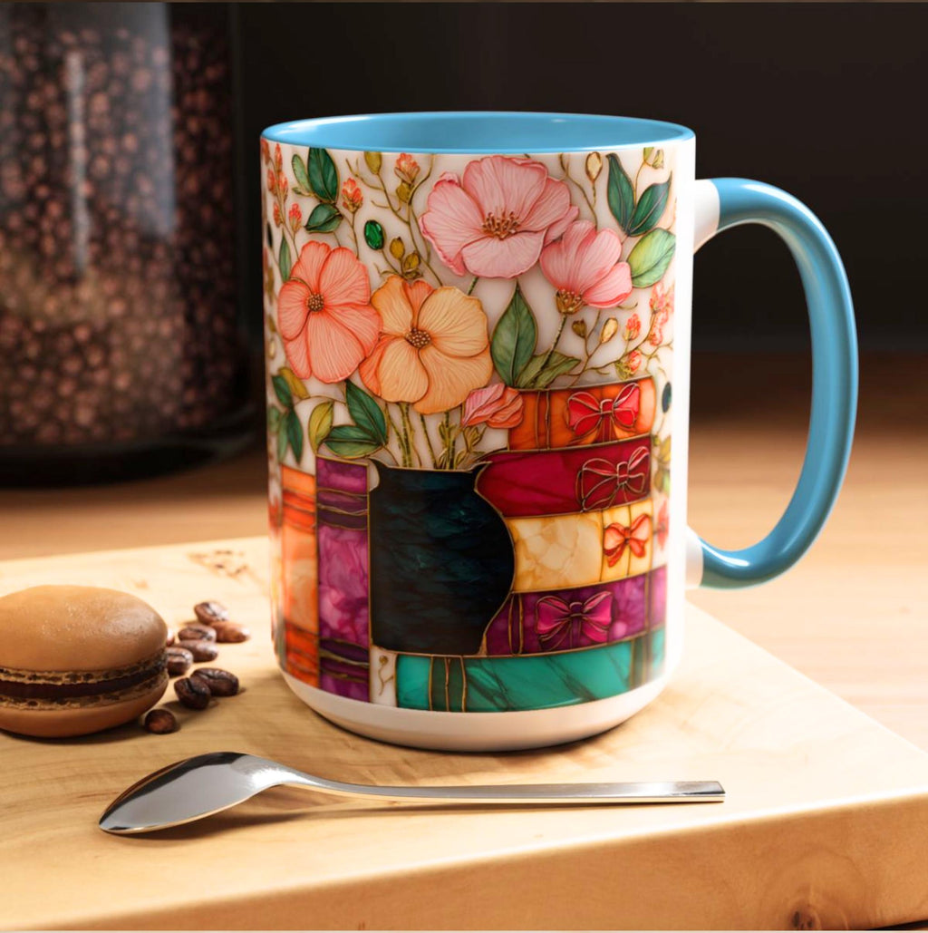 LELORESTORE Stained Glass Style Floral Bookshelf Mug 15oz