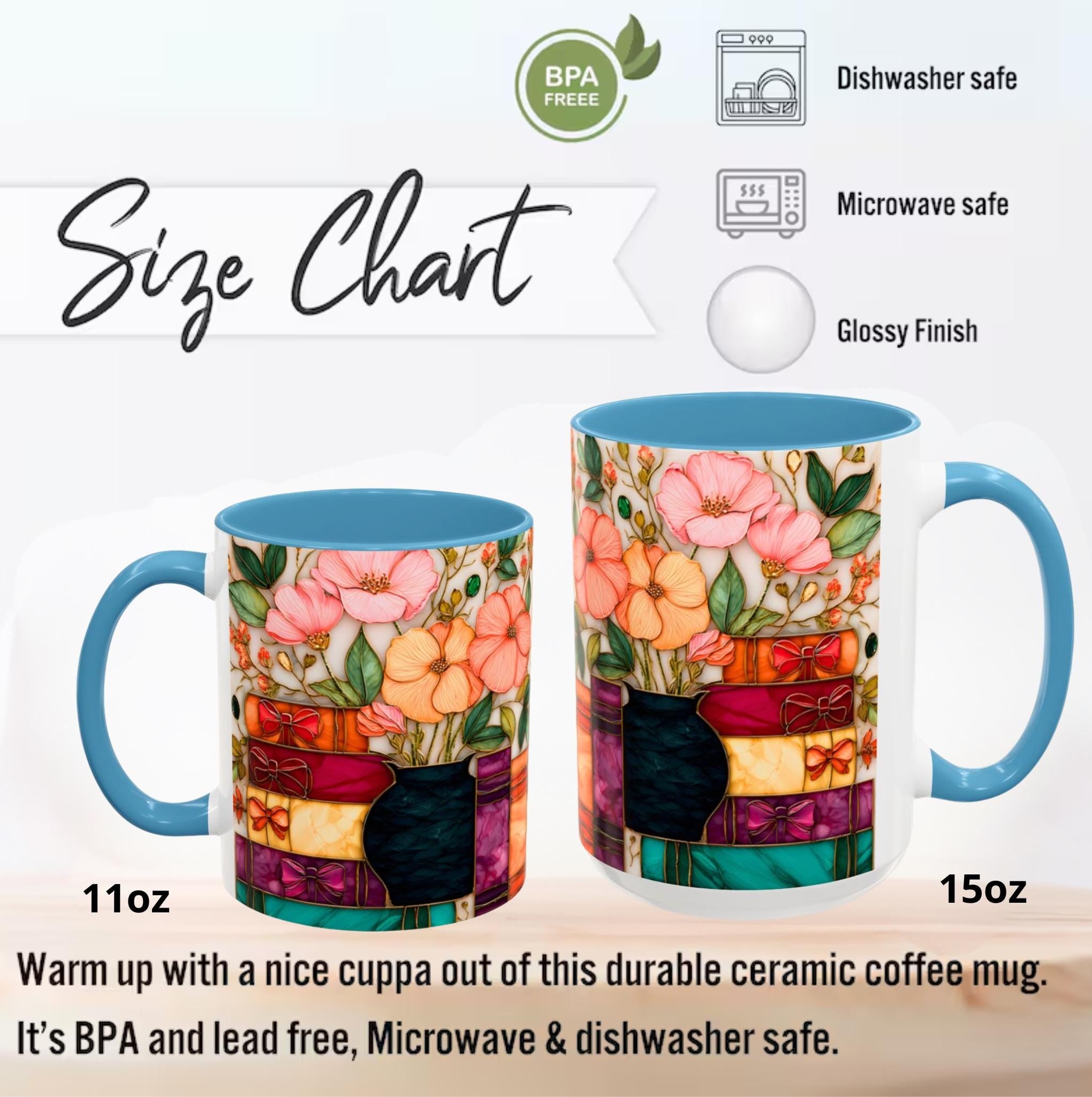 LELORESTORE Stained Glass Style Floral Bookshelf Mug 15oz