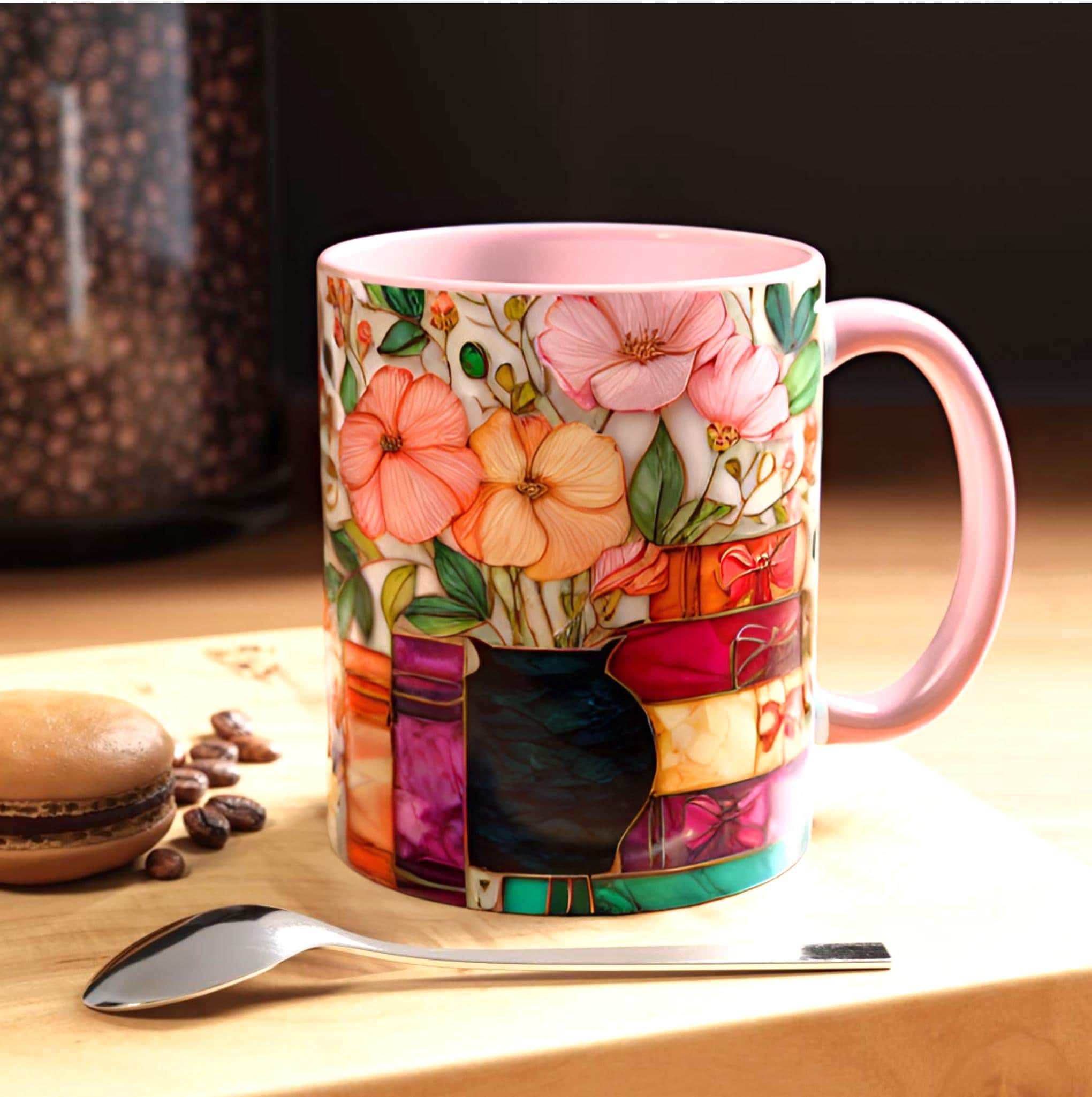 LELORESTORE Stained Glass Style Floral Bookshelf Mug 15oz