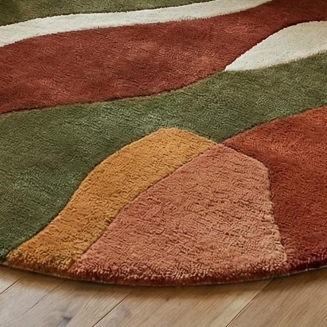 Abstract Wavy Oval Hand Tufted Wool Rug Sage Green Terracotta