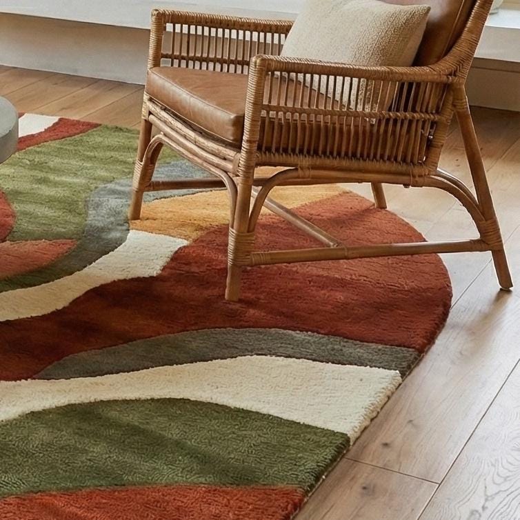 Abstract Wavy Oval Hand Tufted Wool Rug Sage Green Terracotta