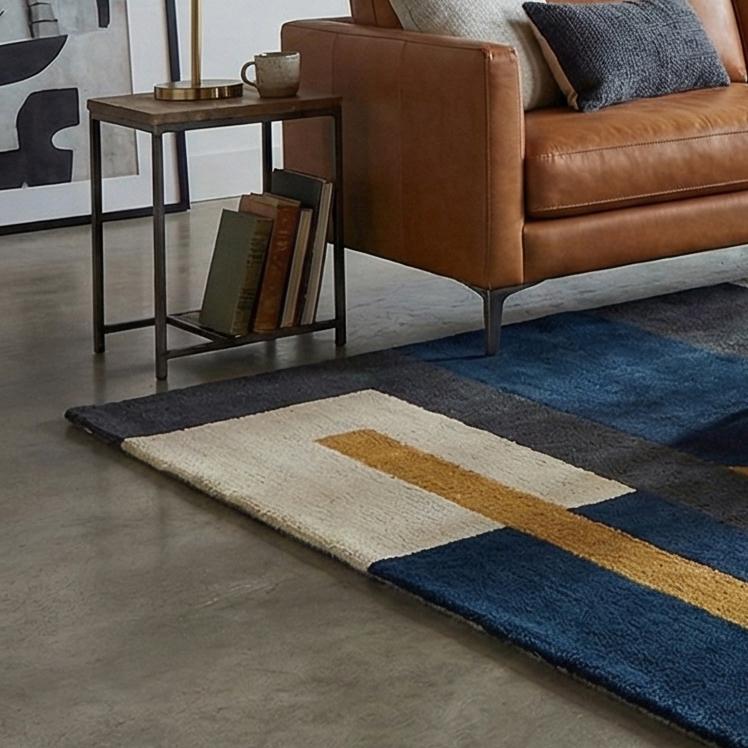 RugverseCreations Navy Blue Mustard Geometric Hand Tufted Wool Rug