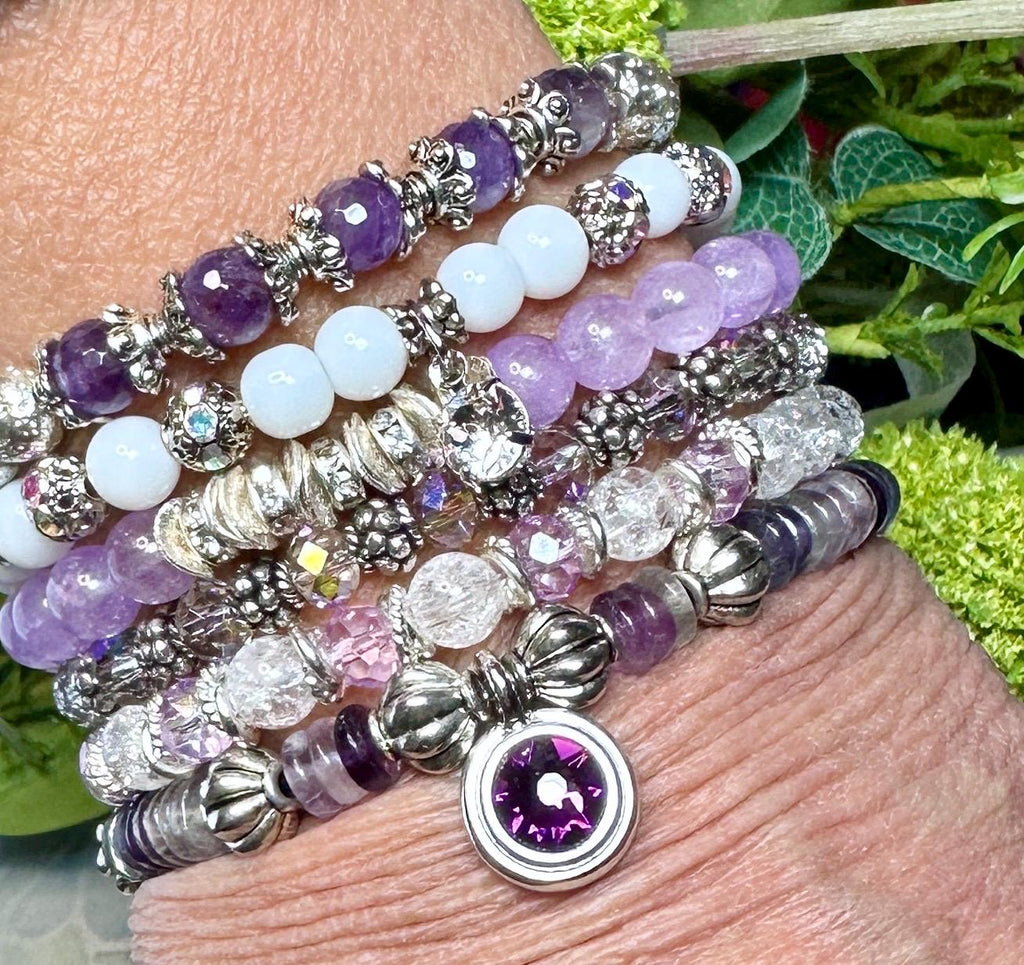 MossberryandStone Beaded Amethyst Gemstone Bracelet Stack Set of 6
