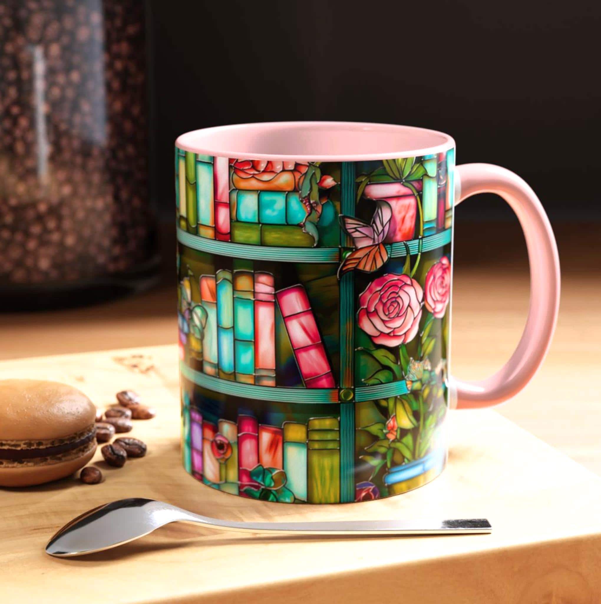 LELORESTORE Floral Bookshelf Faux Stained Glass Ceramic Mug Bookish Gift