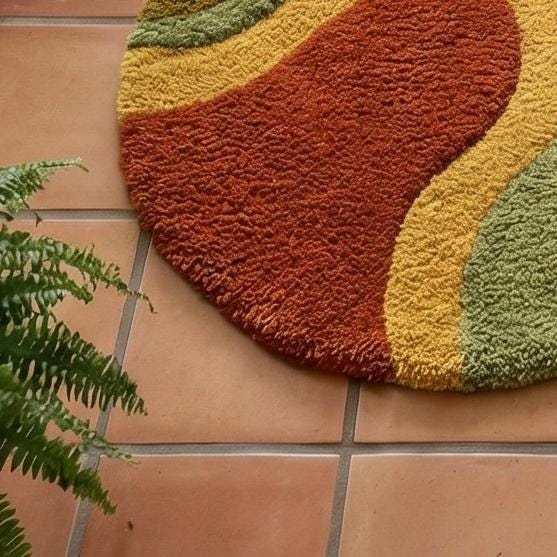 RugverseCreations Hand Tufted Wool Rug Irregular Wavy Pattern Orange Sage Green
