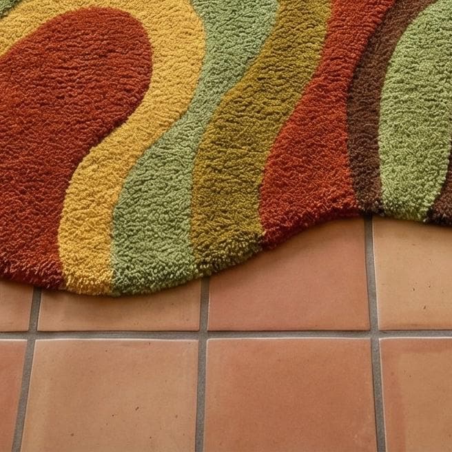 RugverseCreations Hand Tufted Wool Rug Irregular Wavy Pattern Orange Sage Green