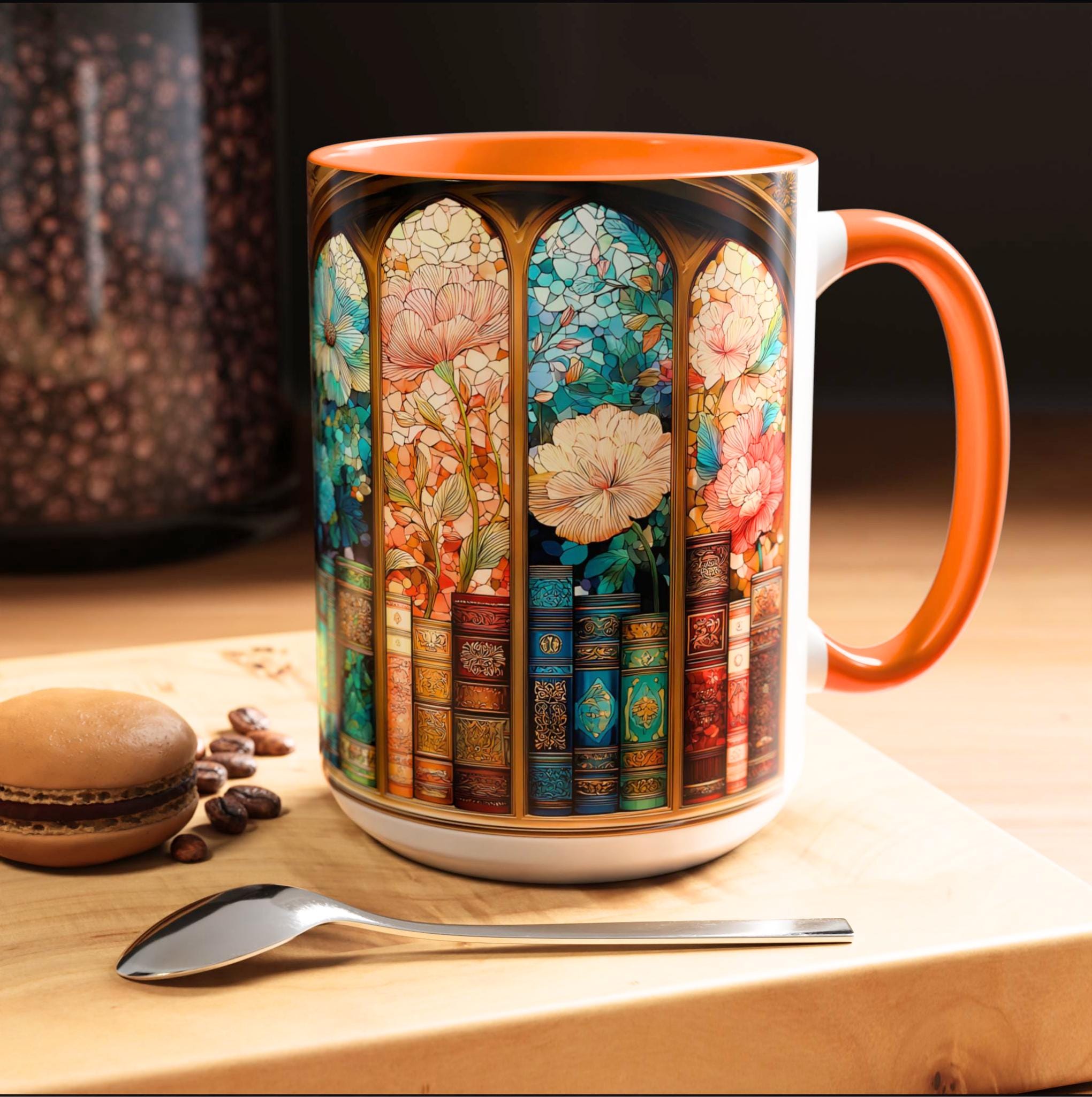 LELORESTORE Faux Stained-Glass Bookshelf Mug Floral Library