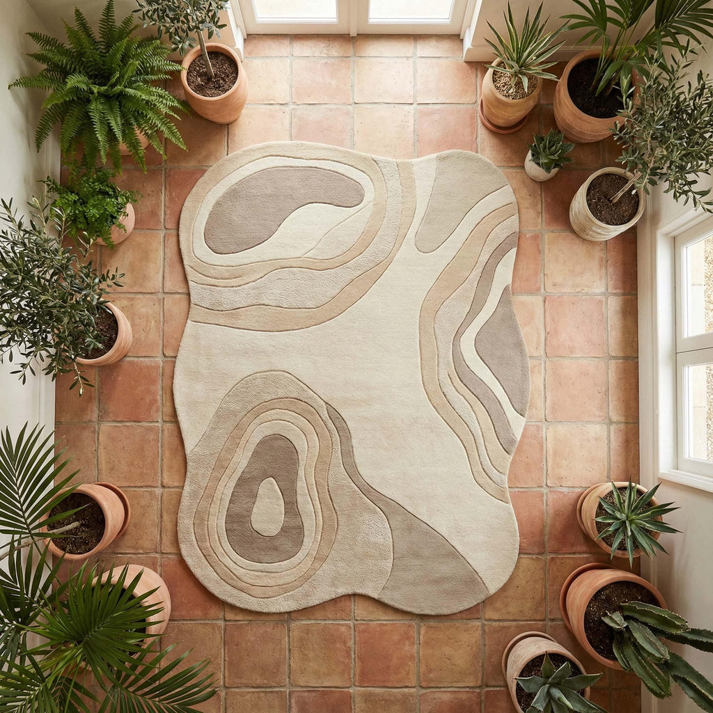 RugverseCreations Topographic Beige Hand Tufted Wool Rug