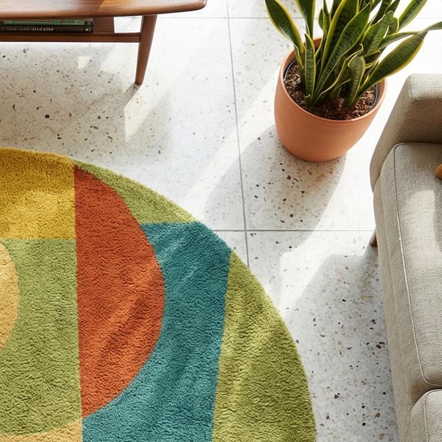 RugverseCreations Round Abstract Geometric Hand Tufted Wool Carpet Sage Green Rust Mustard
