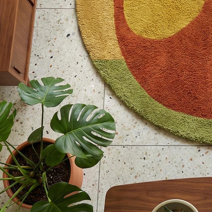 RugverseCreations Round Abstract Geometric Hand Tufted Wool Carpet Sage Green Rust Mustard