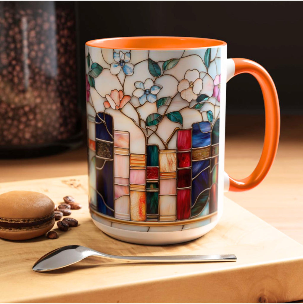 Stained Glass Floral Bookshelf Mug 15oz Ceramic Coffee Cup